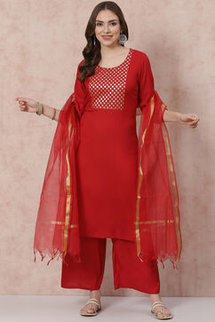 Red Solid Straight Suit Set image number 6